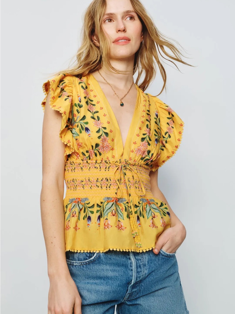 Farm Rio Floral V-Neck Flutter Sleeve Smocked Blouse